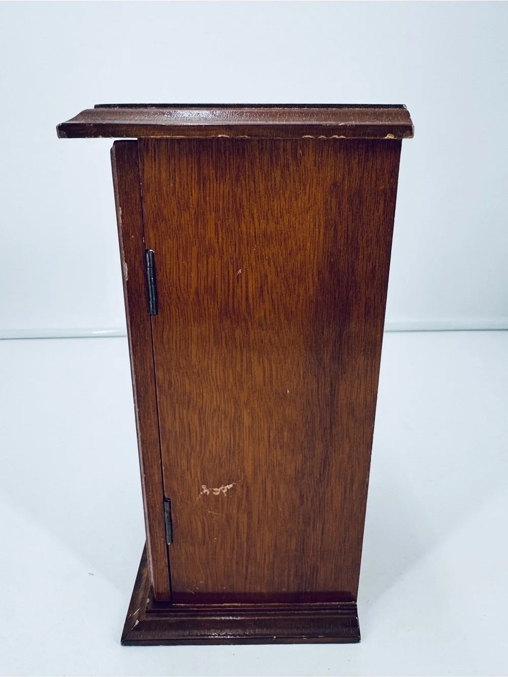 Vintage Wood Brown Jewelry Box Glass Door Mirror  Rings Necklace Hanger
